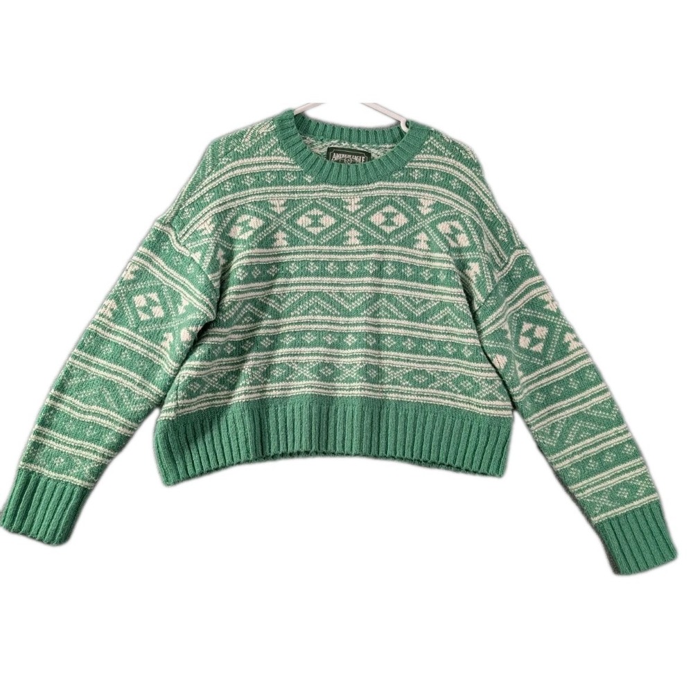 American Eagle Fair Isle Cropped Sweater Womens M Green Cottage Fair Isle Nordic